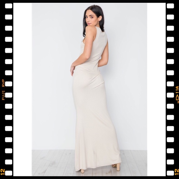 TAUPE RUCHED SIDE JERSEY TANK KNIT MAXI LONG DRESS - Picture 5 of 8